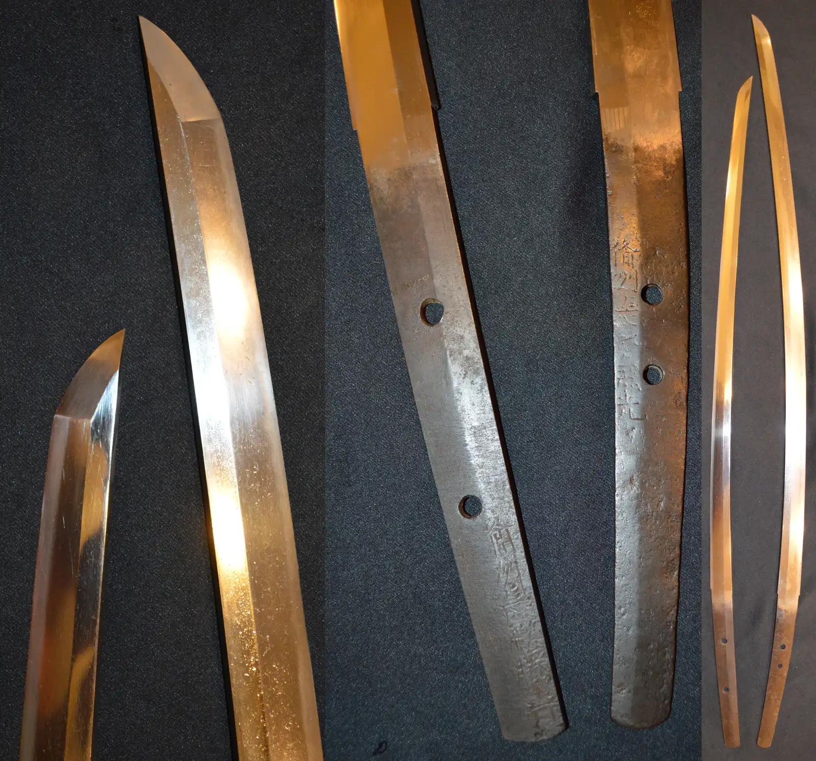 Fotografía compuesta con la punta, la espiga firmada y la silueta completa de una katana y un tachi, uno junto al otro.