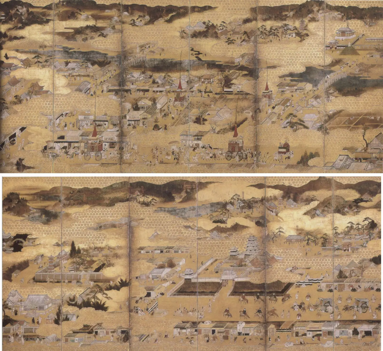 Biombo pintado Rakuchū Rakugai-zu, panorámica de Kioto de principios del siglo XVII con templos, calles y multitud de figuras diminutas.