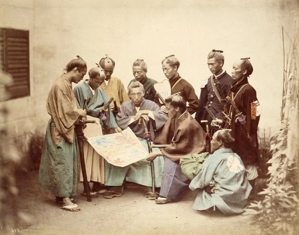 Fotografía de samuráis del feudo de Chōshū, hacia 1860, tomada por Felice Beato.