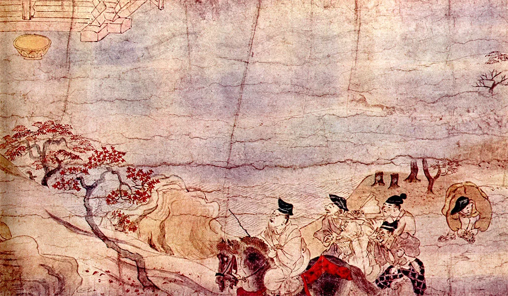 Detalle del rollo pintado Shigisan Engi Emaki, del siglo XII, con figuras en un paisaje siguiendo un objeto que vuela sobre los tejados.