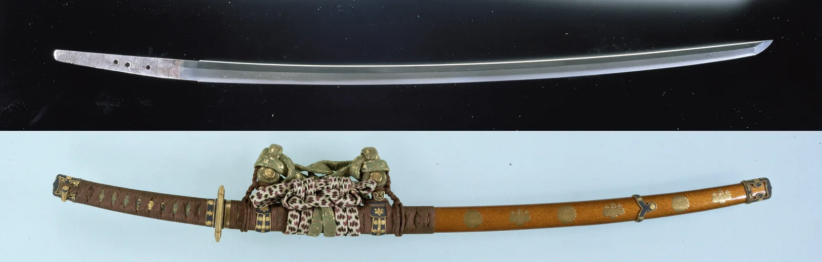 Tachi firmado por Masatsune con su montura completa de laca nashiji y motivos de crisantemo y paulonia.